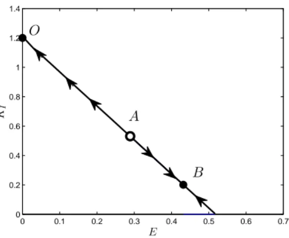 Figure 3: The dynamics in the plane (E, K I ) corresponding to the bi-stable regime illustrated in figure 1(b).