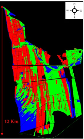 Figure 2. Forest type map produced by DREAM [27]. Red: coniferous, Green: broadleaf, Blue: Non‐