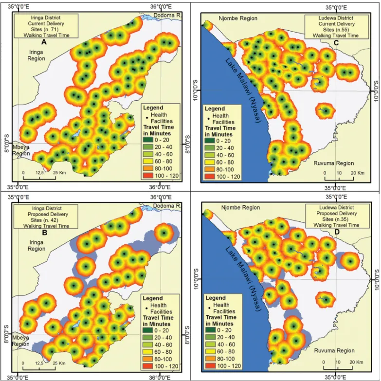Fig 2. Catchment area estimated by raster analysis. The areas around health facilities represent a 2 hours ’ catchment divided in 20 minutes’ intervals