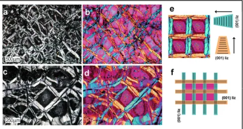 Figure 4. Microstructures of undeformed mesh textures: (a,c) Polarised-light images of undeformed  mesh textures (crossed nicols)
