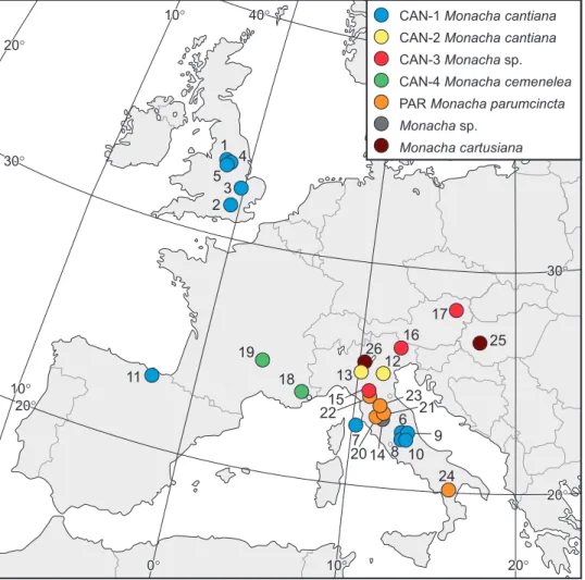 Figure 63. Localities of Monacha cantiana, M. parumcincta and M. cartusiana specimens where they were  collected for the research (see Table 1 for locality numbers).