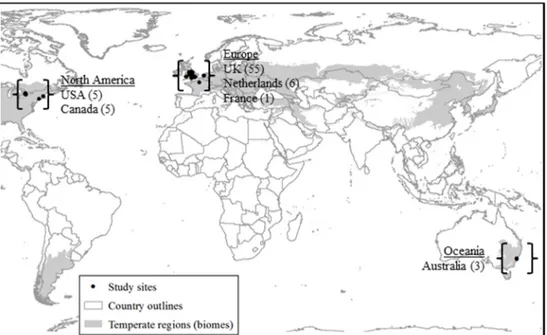 Figure 1. Distribution of 75 ponds and lakes used in the present study located in temperate biomes  across three continents (six countries)