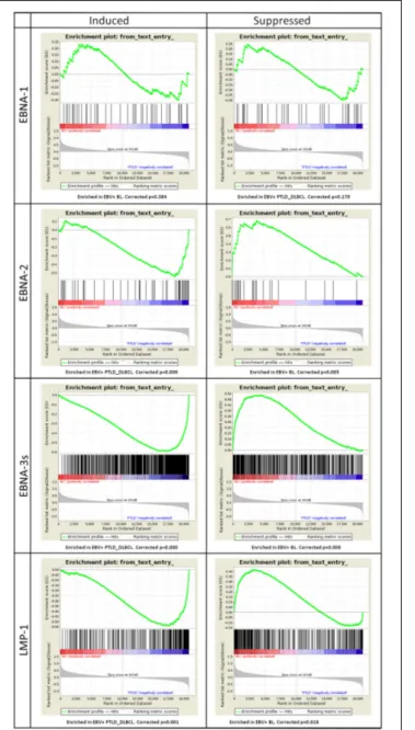FIGURE 4 | Gene Set Enrichment Analysis (GSEA) of EBV latent proteins-dependent signatures reveals their effect on the molecular profiles of EBV+ PTLD_DLBCL