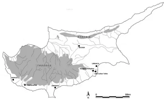 Fig. 1. L’isola di Cipro con l’indicazione dei siti menzionati nel testo e dei principali centri moderni