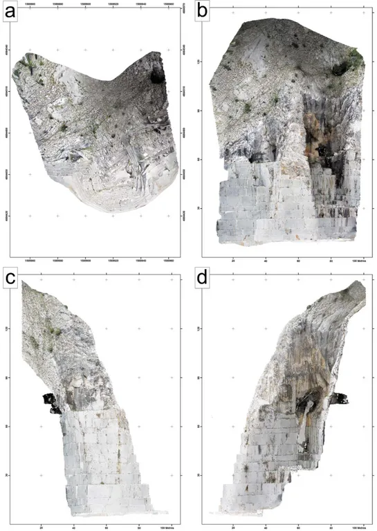Figure 6. Orthophotos: (a) top view of the buttress, (b) south side of the buttress, (c) west side of the buttress, (d) east side of the buttress.