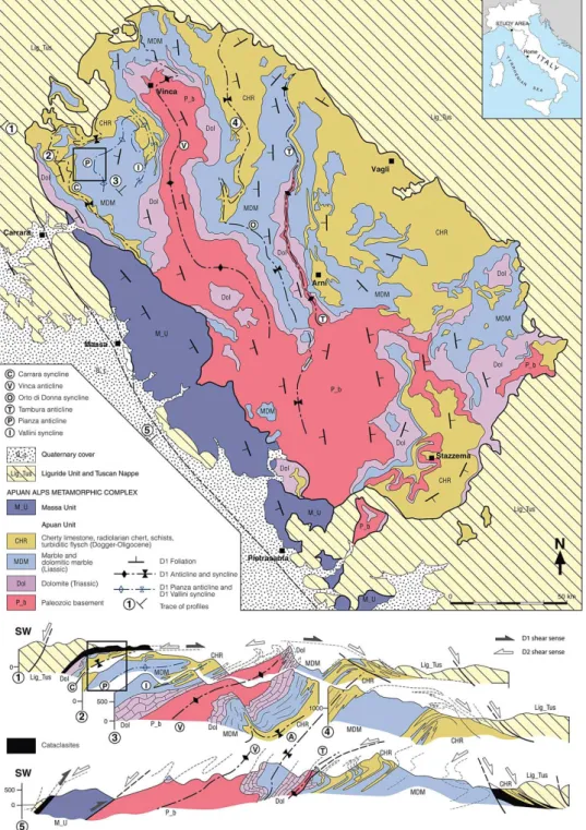 Figure 2. Geological sketch map of the Apuan Alps. The black rectangle indicates the location of the quarry