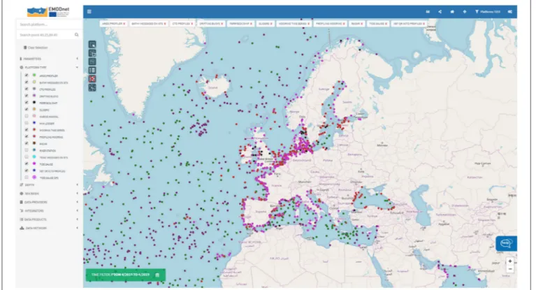 FIGURE 8 | Snapshot of the sampling platforms sending real time data to EMODnet Physics Portal (http://www.emodnet-physics.eu/Map/) as of 1 week in April 2019.