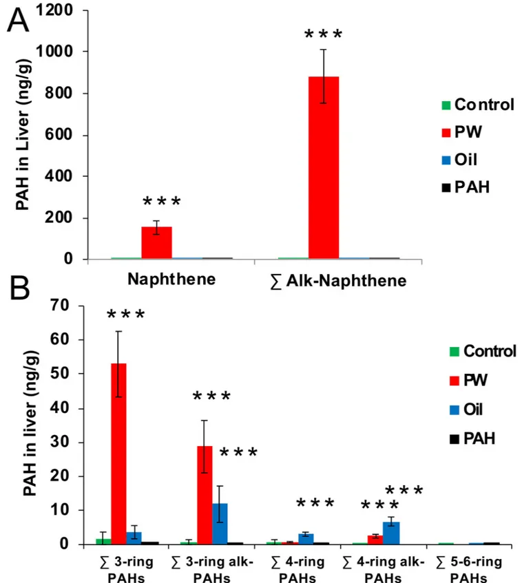 Fig 7. PAH found in the liver (ng/g) of the different treatments groups after 67 days of oral exposure