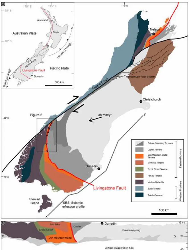 Figure 1. Regional geological setting. (a) Simplified regional map of the basement geology and tectonic setting of the South Island of New Zealand