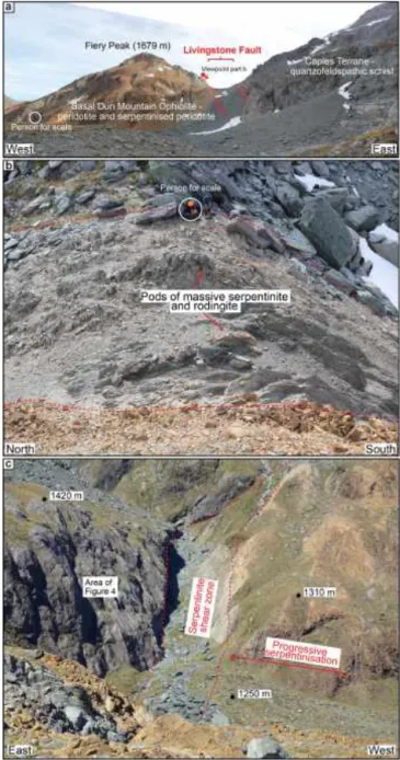 Figure 3. Typical field exposures of the Livingstone Fault where it crosses high passes