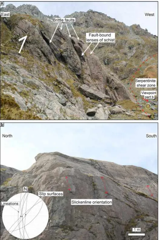 Figure 4. Deformation in the Caples–Aspiring Terrane wall rocks at Fiery Col and Cow Saddle