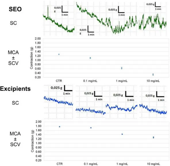 Figure 10. Focus on experimental original recording of the concentration-response curve of liquid EO, SEO and excipients on spontaneous gastric fundus basal contractility