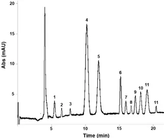 Figure 1. Capillary electrochromatography coupled to diode array detection (CEC-DAD)  electrochromatogram obtained from the analysis of a Thymus vulgaris L