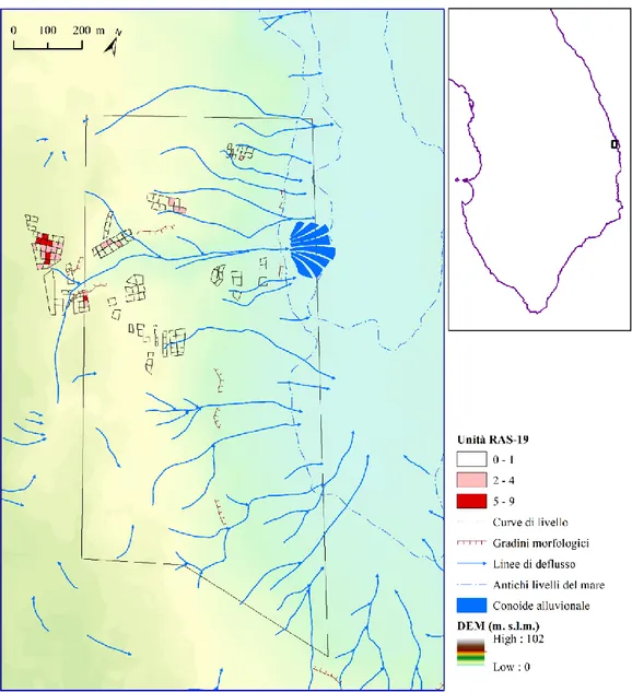 Fig. 6. Roca Vecchia: Densità (manufatti per m 2 ) delle evidenze preistoriche nella fascia più vicina alla costa (Area 1, Fig.2).
