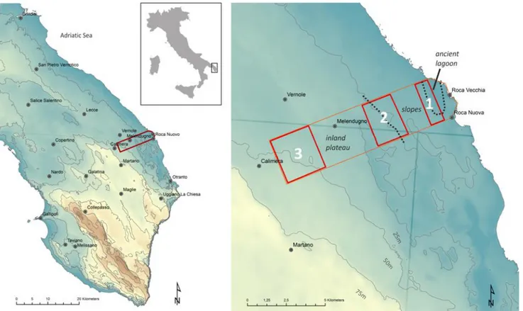 Fig. 1. Estensione generale della Roca Archaeological Survey con l’indicazione delle macro aree che la compongono