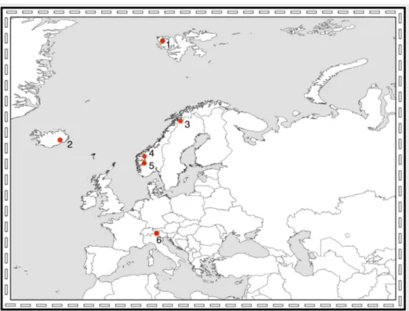 Figure 3. European glacial areas mentioned in this review. 1: Midtre Lovén-bre, Svalbard