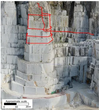 Figure 10. Textured 3D polygonal mesh of the marble buttress with the DOFS spatial distribution highlighted in red.