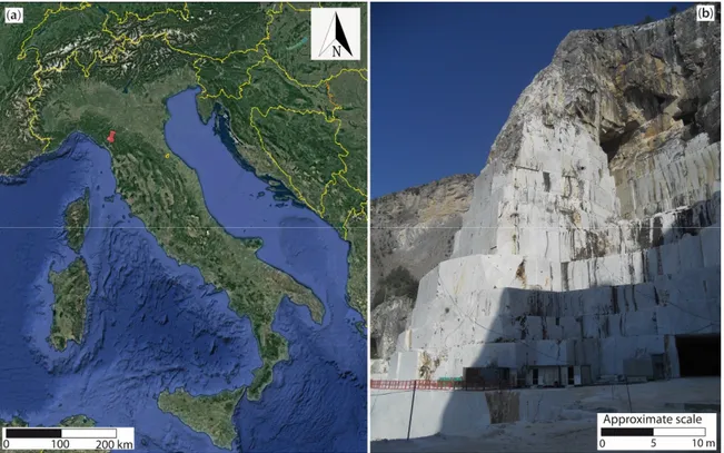 Figure 1. (a) Location of the Lorano marble quarry in Italy. (b) Panoramic image of the investigated Pradetto cut site.