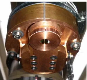 Fig.  3.  Picture  of  the  cold  finger  at  ∼4K.  This  copper  part  is  attached  to  the  pulse  tube  refrigerator  and  represents the growth plate for RG crystals