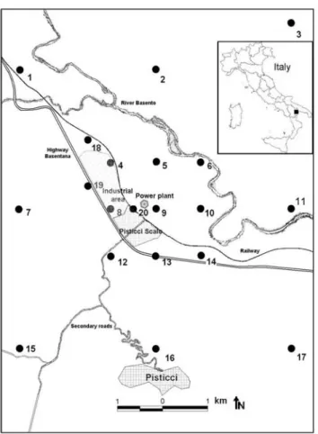 Fig. 1. The study area with location of the 20 investigated sam- sam-pling units.