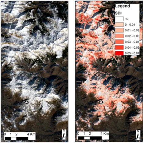 Figure 12. (a) Landsat 8 image and (b) SDI map of the Artavaggio plains. The black polygon in the maps represents the area covered by the UAV survey.
