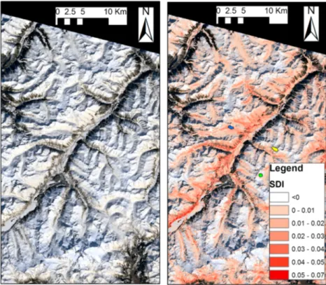 Figure 10 shows the SDI map derived from UAV data on the Artavaggio plains. Spatial variability of dust patches is clearly visible in the RGB orthomosaic (Figure 10), and it is enhanced in the SDI map