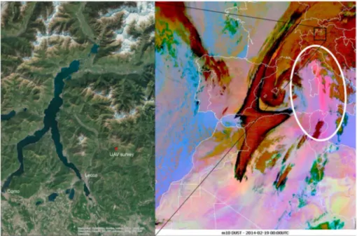 Figure 1. (left) Focus on the central European Alps. The red polygon represents the test site on the Artavaggio plains, where the UAV survey was performed