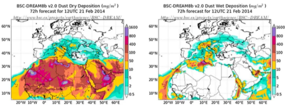 Figure 2. Dry and wet MD depositions as forecasted by the BSC-DREAM8 model. Image from the BSC-DREAM8b (Dust REgional Atmospheric Model) model, operated at the Barcelona Supercomputing Center (http://www.bsc.es/projects/ earthscience/BSC-DREAM).
