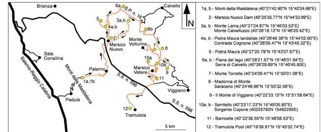 Fig. 2 The geotouristic itinerary proposed in this study, with localities of the investigated geosites