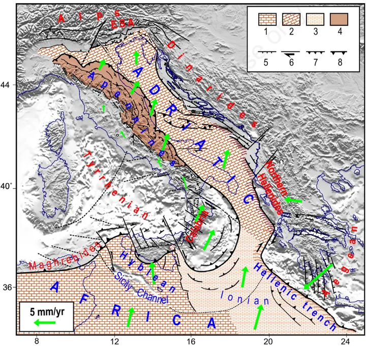 Figure 1. Sketch of the tectonic/kinematic setting in the central Mediterranean region