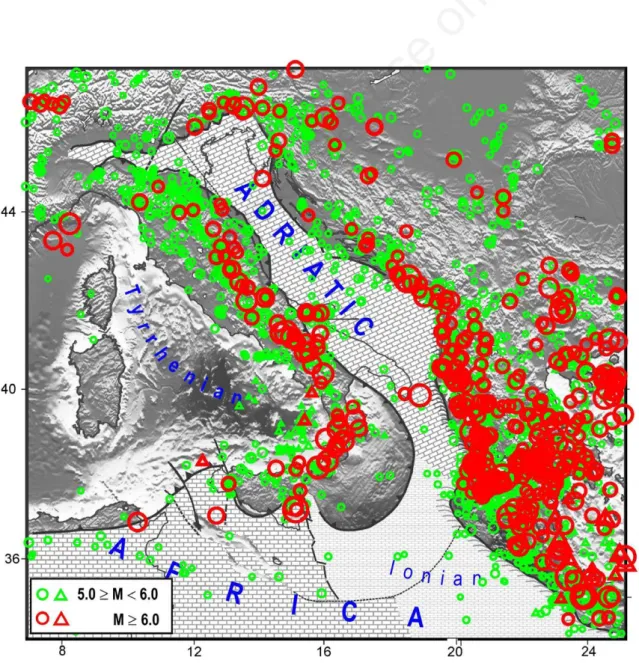 Figure 2. Distribution of major seismicity in the central Mediterranean area. Circles and triangles respectively indicate the shal-