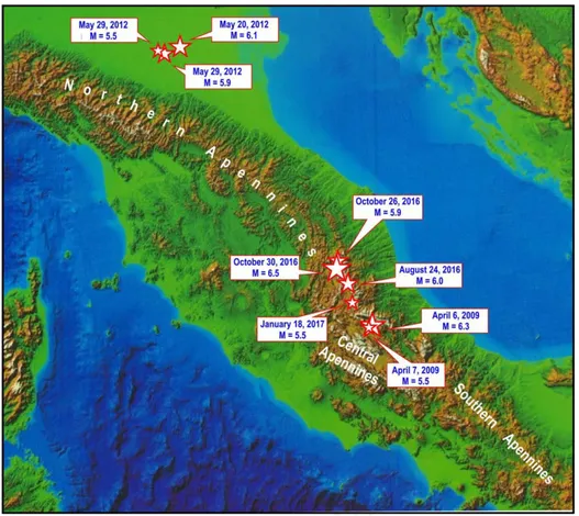 Figure 5. Distribution of major seismicity (M≥5.5) in the Italian area between 2009 and January 2017