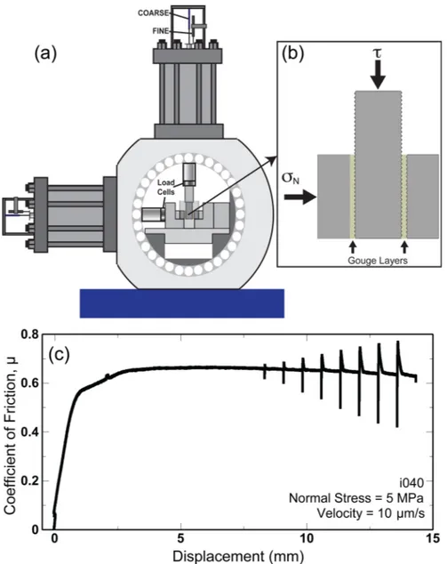 Figure 1. (a) Schematic of the BRAVA experimental apparatus in a double-direct shear configuration