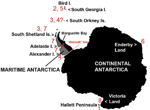 Figure 1. Map of the distribution of Antarctic Friesea species along major biogeographic regions of the 