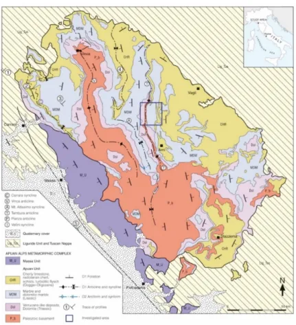 Figure 1. Geological sketch map of the Apuan Alps. The location of the quarry under study is  highlighted by a blue rectangle (modified after [35])