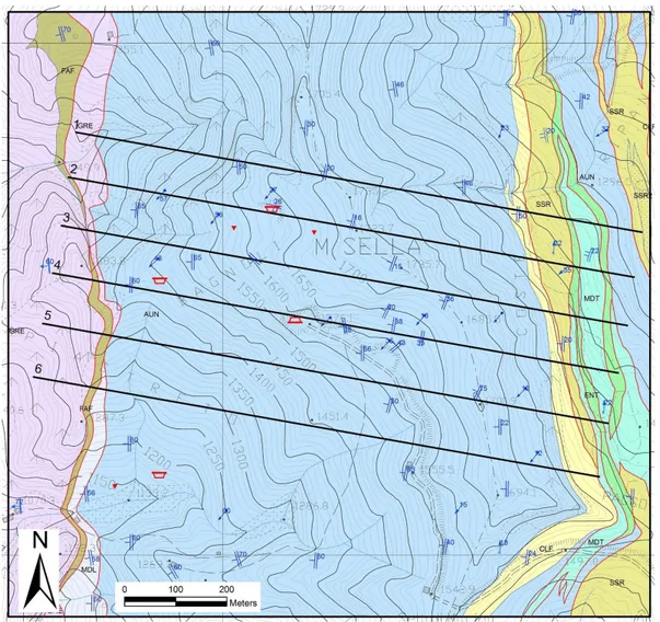 Figure 2. Geological map of the Piastreta underground quarry and surrounding areas. Geological Formation acronyms: FAF: “Filladi Inferiori” (phyllites); GRE: “Grezzoni” (dolomites); MDL: dolomitic marble; AUN: Marble; CLF: Cherty metalimestones; MDT: Metar