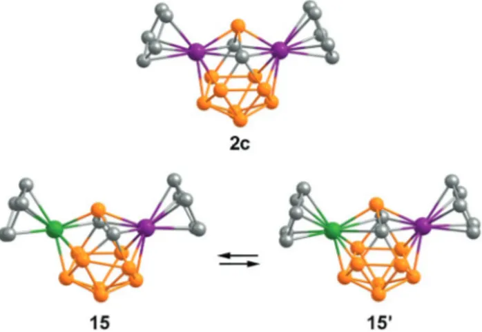 Fig. 10 The optimized structures of 13-vertex dimetallacarboranes. All hydrogen atoms are omitted for clarity.