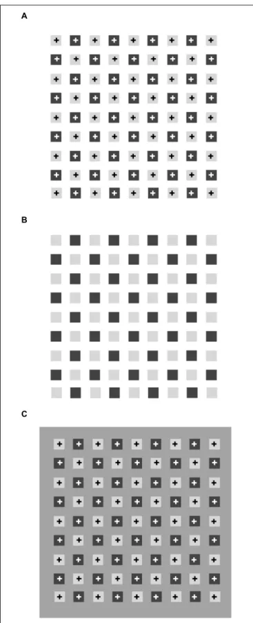 FIGURE 1 | Same pattern of small squares reproduced three times. (A) With “+” inside each square, (B) with “+” erased, (C) against a darker background