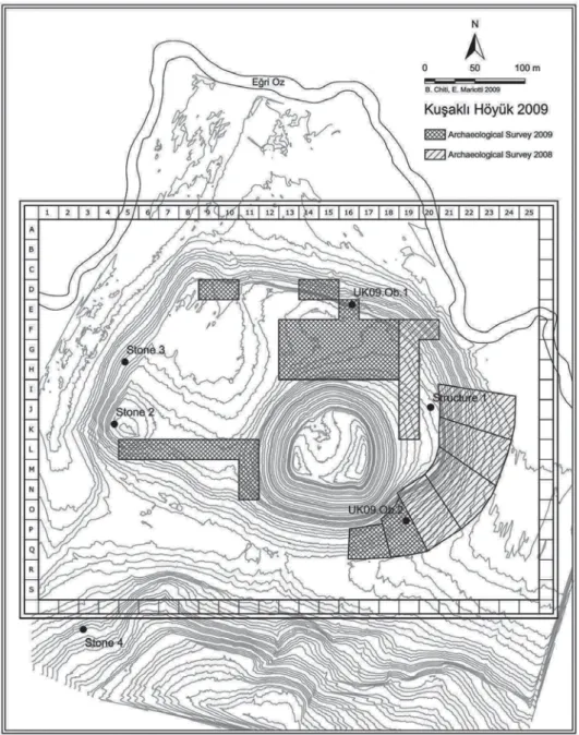 Fig. 4: Topographic map of Uşaklı/Kuşaklı Höyük (by E. Mariotti): archaeological survey areas,  location of architectural remains and remarkable objects found on the surface (by B