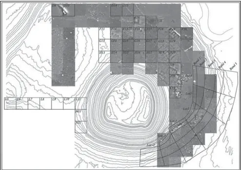 Fig. 5: The magnetic and geoelectric survey results and the grid for surface collecting  (graphics adapted from G