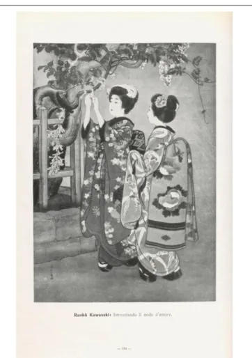 Figura 4   Una pagina de L’arte mondiale a Roma nel 1911,  IIAG, Bergamo 1912, con la riproduzione dell’opera   di Ranko Kawasaki, Intrecciando il nodo d’amore