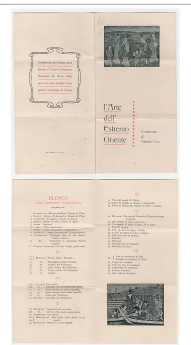 Figura 2    Programma della conferenza di Vittorio Pica,  L’Arte dell’Estremo Oriente, presso il Teatro Carignano   di Torino, 16 marzo 1902, recto e verso