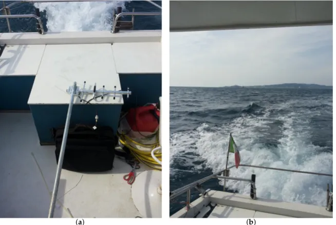 Figure 5. Offshore setup for the measurements campaign: (a) offshore end node antenna and its pole; (b) view approaching the tests spot.