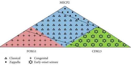 Figure 3: Genotypes and phenotypes in RND. The majority of MECP2-mutated patients (light blue) have the classic form (triangles), the majority of CDKL5-mutated patients (green) have the early-onset seizure variant (stars), and the majority of FOXG1-mutated