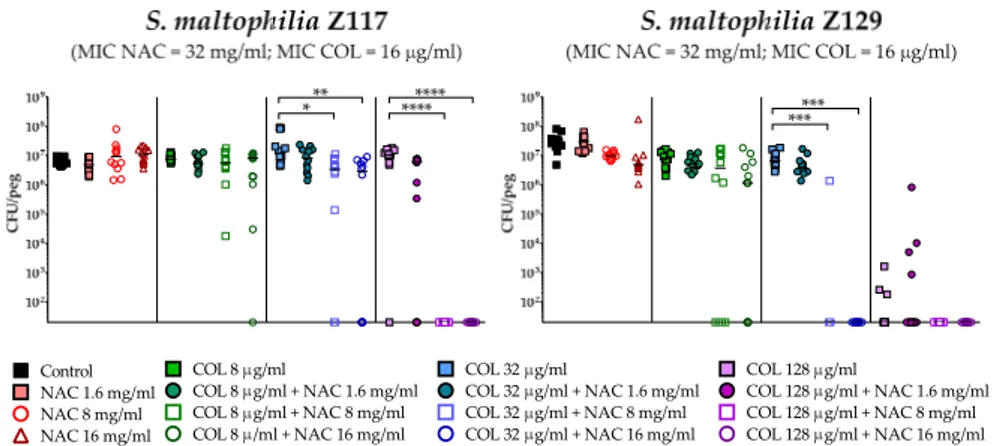 Figure 2. Antibiofilm activity of colistin/NAC combinations against S. maltophilia strains with colistin 