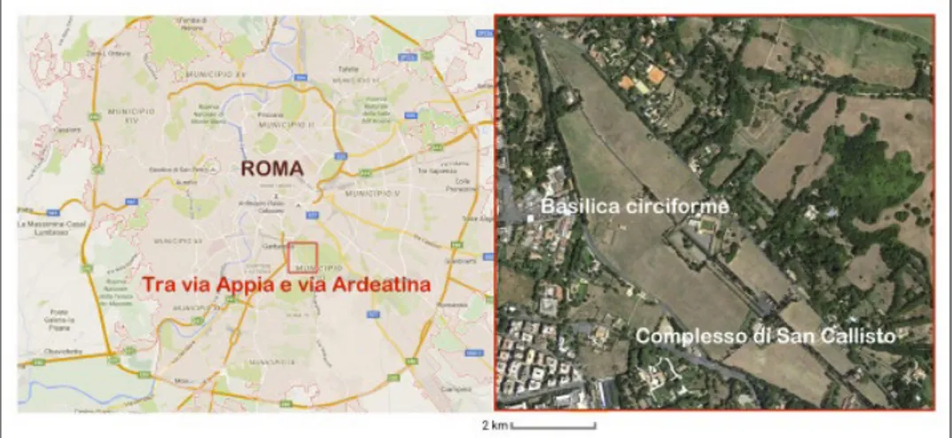 Fig. 1 – Localizzazione dell’area del complesso callistiano tra la via Appia e la via Ardeatina nella  topografia di Roma.