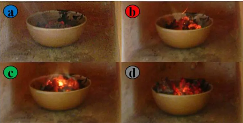 Figure 1. (a) Viscous sol into the furnace; (b) preliminary combustion; (c) propagation of flames in the sol overall volume; (d) end of gel combustion phase.