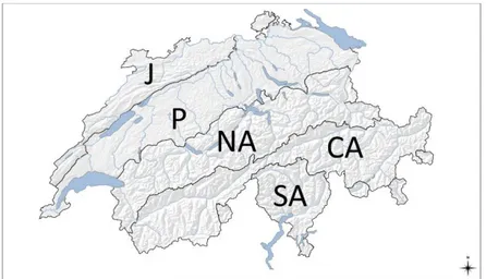 Figure 1. The five biogeographic regions of Switzerland: Jura (J), Plateau (P), Northern Alps (NA), 
