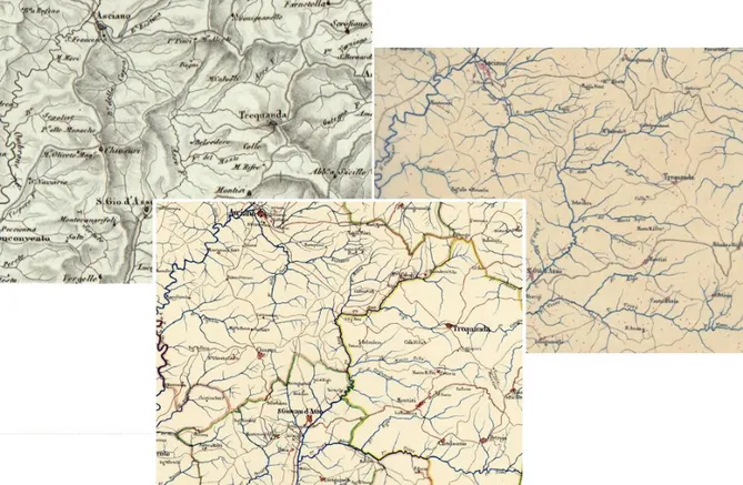 Figure 6. The area of Asciano, Trequanda and San Giovanni d'Asso in the details of the following representations, from top:  printed paper at 200,000 (Inghirami, sheet 3), manuscript paper to 100,000 (Military Geographical Institute, sheet 57), 