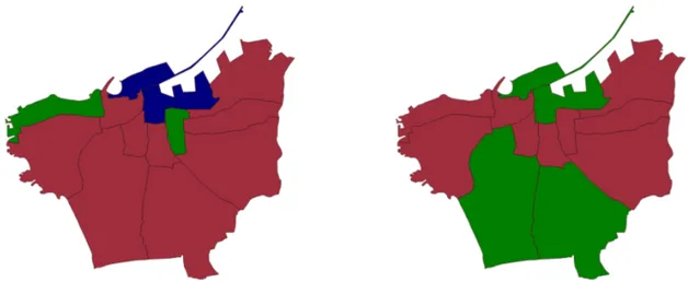 Figure 3: Comparison with historical data by district. Red indicates increased mean price from 2009 to 2015, green indicates stable price, blue indicates decreased price